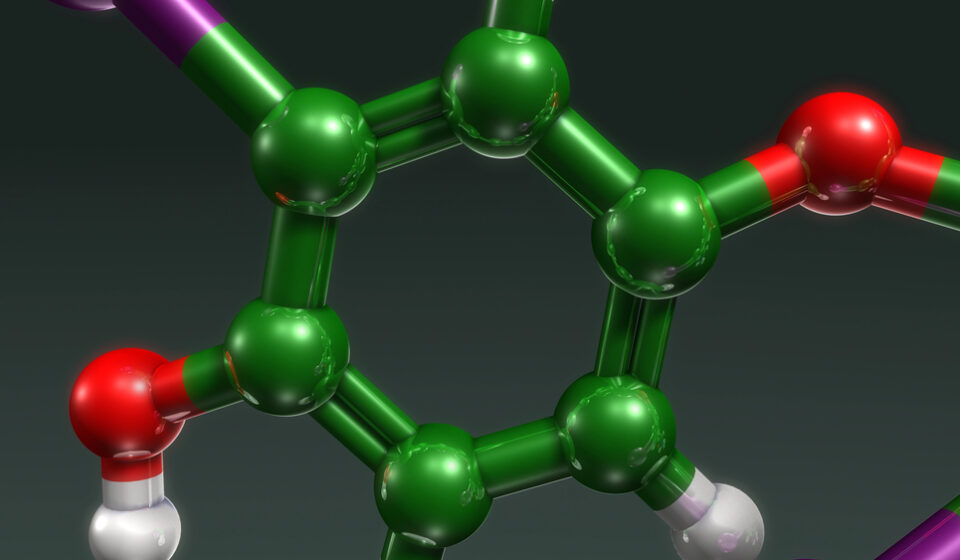 3D molecular model of a benzene ring with green carbon, red oxygen, white hydrogen, and purple atoms